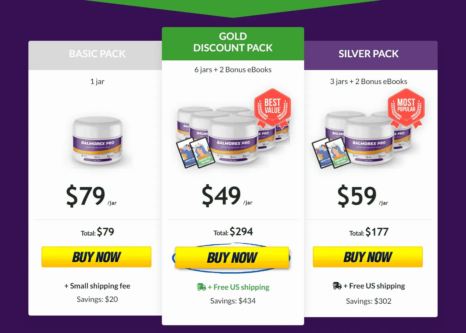 Balmorex Pro pricing table — 1, 3 and 6 bottle discount packages